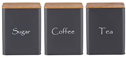Home Bird Tea Coffee Sugar Canisters 3 Piece Square Kitchen Storage Container Set, Dark Grey Canisters, Metal Tins with Bamboo Lids