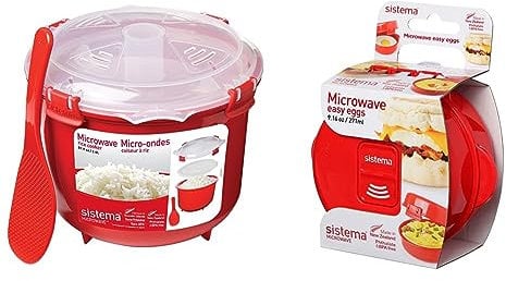 Sistema SI1110 Micro-Ondes Cuiseur à Riz Plastique Rouge 45 x 35 x 25 cm, 2.6 L & Micro-ondes Easy Eggs | Récipient alimentaire micro-ondes | 271 ml | sans BPA | Rouge