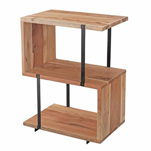 FineBuy Beistelltisch S-Form 45x30x60 cm Akazie Metall, Industrial | Ablagetisch mit heller Holzplatte und Metallbeinen, Tischchen fürs Wohnzimmer, handgefertigtes Unikat