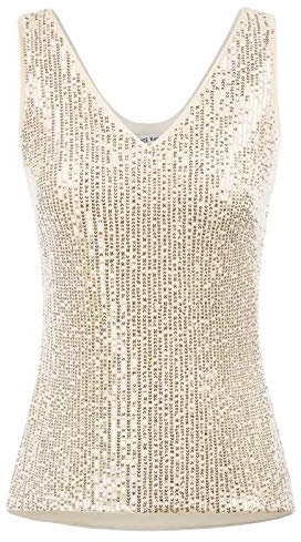 GRACE KARIN Damen Pailletten Tank Top Pailletten verziert Sparkle Trägershirt-Weste Tops Party Bluse L hellgolden Cl011080-9