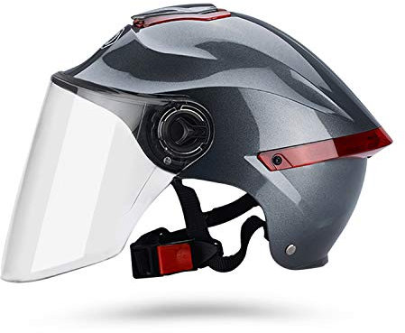 Galatée Halbhelm Für Erwachsene Mit Visier, 709abs-Schale Kombiniert Mit Eps-Pufferschicht, Belüftetem Und Herausnehmbarem Innenfutter Für Besseren Schutz Beim Fahren(Grau, Transparente Linse