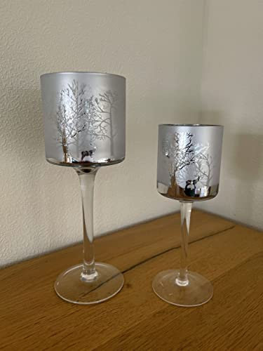 2tlg. Glaskelch Windlicht Set H20/25cm Silbermatt innen Silberglanz Motiv Wald Kerzenhalter Kerzenleuchter Kerzenständer