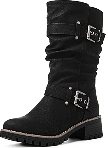 GLOBALWIN Women's Mid Calf Dress Boots Biker Motorcycle Riding Boots Women For Women Black Size 8.5M
