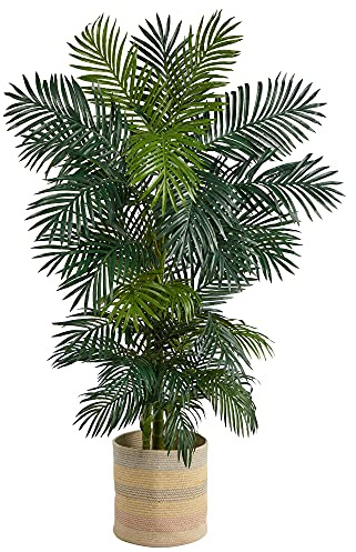 Nearly Natural 6.5ft. Golden Cane Artificial Palm Tree in Handmade Natural Cotton Multicolored Woven Planter