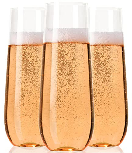 30 Plastic Stemless Champagne Flutes - Disposable Unbreakable toasting glasses, 30 pack | Clear Fancy Shatterproof & Reusable 9 Oz Champagne glass, BPA free - Ideal for Weddings, Birthdays, Parties