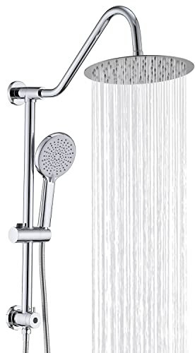 UCLIMAA Soffione doccia a pioggia da 25,4 cm con sistema portatile, barra scorrevole senza trapano da 61 cm con deviatore basso a 3 vie per un facile accesso, spruzzo portatile a 4 impostazioni con