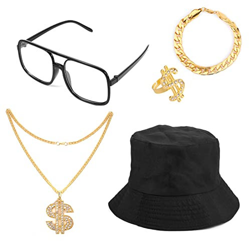 KINBOM 80er 90er Kostüm Outfit, Hip Hop Kostüm Set Ausgefallene Kleidung Fischerhut Gefälschte Goldkette Goldener Ring Schwarze Brille 80er 90er Accessoires für Herren Jungen Damen