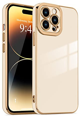 Lafunda for iPhone 14 Pro Case, Luxury Plating for Womens Gilrs Case, Full Camera Protection Soft TPU Bumper Cover, Shockproof Silicone Slim Phone Case for iPhone 14 Pro 6.1, Beige