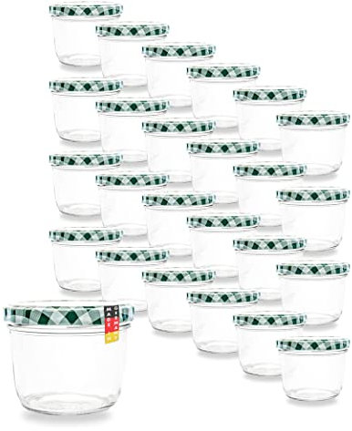 Flaschenbauer 24er Set Premium Sturzgläser 230 ml – Vielseitige Marmeladengläser & Einmachgläser mit farbigem Twist-Off-Deckel, inklusive Etiketten. Ideal für Suppen, Dips, Tee, Kräuter (Grün-Kariert)