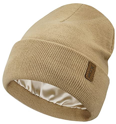 Bequemer Laden Damen Winter Warm Beanie Mütze Strickmütze mit Satin Gefüttert Thermo Wintermütze Lässig Mützen Cap, Khaki, Einheitsgröße