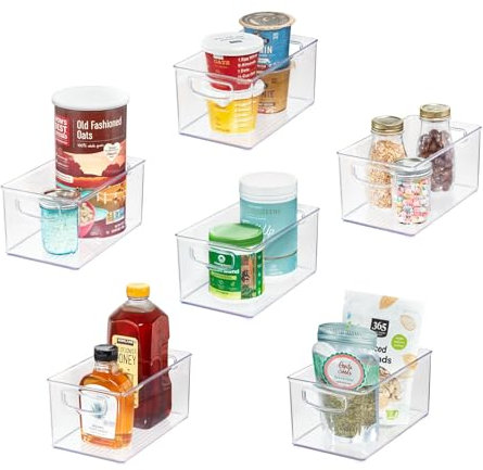 iDesign 6-Piece Recycled Plastic Pantry and Kitchen Storage, Freezer and Fridge Organiser Bins with Easy Grip Handles - 6 Pack, Clear