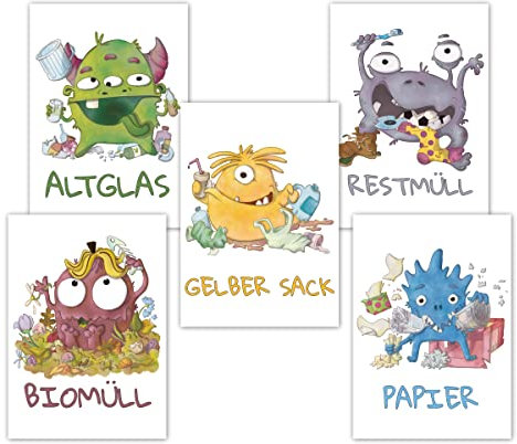 PICTALOO XXL Mülltonnenaufkleber Monster, 10er Set Aufkleber Mülltrennung, Mülltonen Aufkleber Abfalltrennung auch für Kinder nach Biomüll, Altpapier, Gelber Sack, Rest Müll & Glas, Müllaufkleber