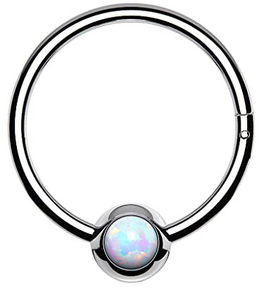 Piercingfaktor Clicker Scharnier Ring mit Opal Kugel Nasen Piercing Septum Tragus Helix Nase Nasenring Nasenpiercing Ohr Knorpel Segment Klicker Silber Weiß 1,0mm x 8mm