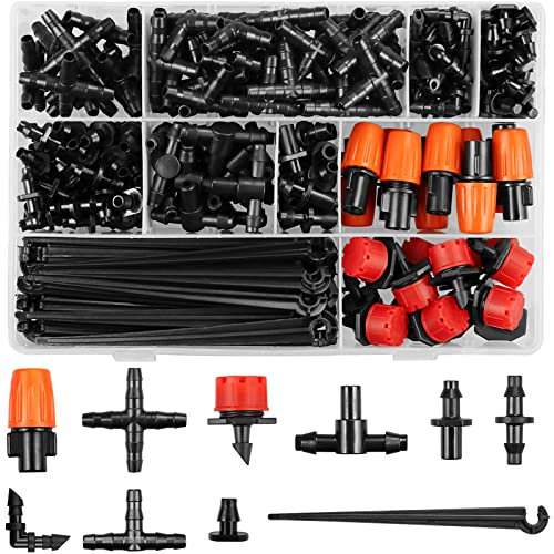 Kit de accesorios de riego por goteo para tubos de 1/4 pulgadas, 240 conectores de línea de goteo para sistemas de goteo: boquillas, micro goteos, barras individuales, conectores de 4 vías, camisetas,