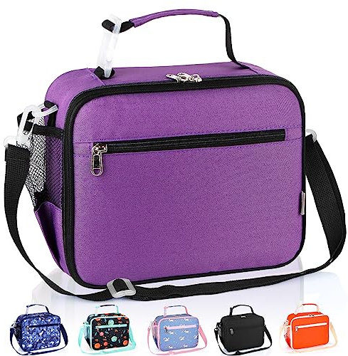 Homtibrm Insulated Lunch Bag, Kids Thermal Cool Bag with Adjustable Strap, Waterproof Lunch Box Bag for Adults Kids Boys Girls Work School Picnic (Purple)
