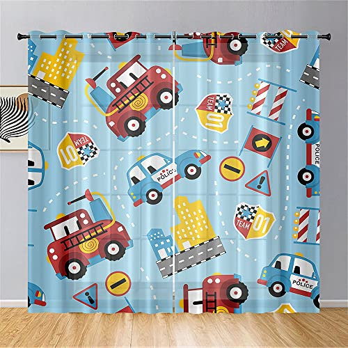 Hiseng Voile Vorhänge mit Ösen Durchsichtig Halbtransparent Ösenvorhang für Fenster Wohnzimmer Schlafzimmer Moderne und Elegante Transparent Gardine 2er Set (140x160cm,Feuerwehrauto)