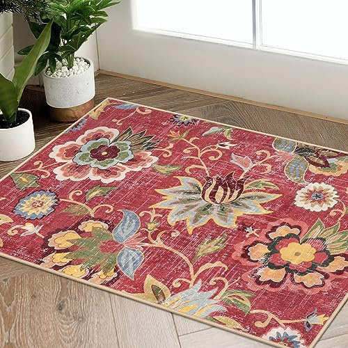 Beeiva Red Kitchen Rugs Non Slip Washable, 2x3 Floral Christmas Kitchen Entry Rug for Entryway Indoor Ultra Thin Small, Vintage Non-Shedding Front Door Mat Indoor Entrance Throw Carpet for Bathroom