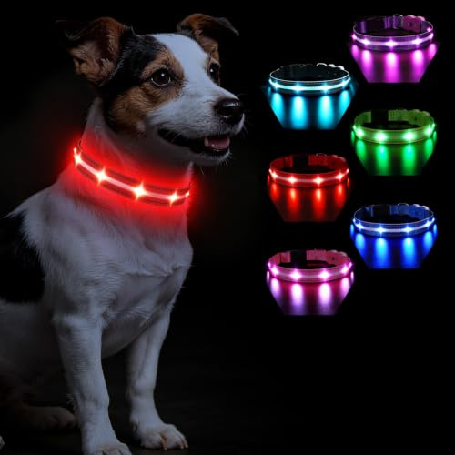 MASBRILL Hundehalsband Leuchtend Aufladbar, Leuchthalsband Hund 7 RGB Farbwechsel mit 8 Leuchtmodi, LED für Kleine Mittlere Große Hunde Leuchtendes Halsband, Rot S