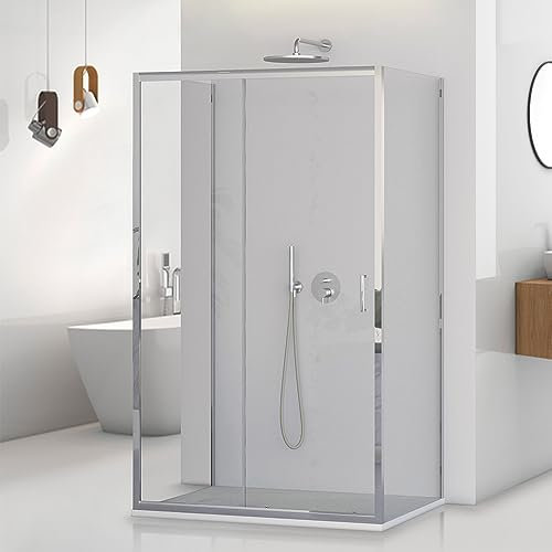 Box doccia 3 lati 70x100x70 cm porta scorrevole e 2 parete fisse, vetro trasparente H 195 cm con profilo cromato e installazione reversibile, Tay