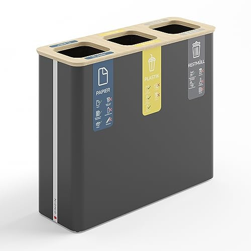 BINBIN Globular 3x60 Liter Mülleimer - Abfallbehälter für Abfalltrennung - Papier - Plastik - Restmüll - Schwarz
