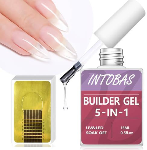 INTOBAS 5-IN-1 Builder Gel Für Nägel Clear, Gel Nagellack UV Set Mit Nagelformen 100 Stück, Aufbaugel Für Nägel UV/LED, Nail Builder Gel Für Nagelverlängerungen, Verlängerungen, Nagelkunst, Aufkleber