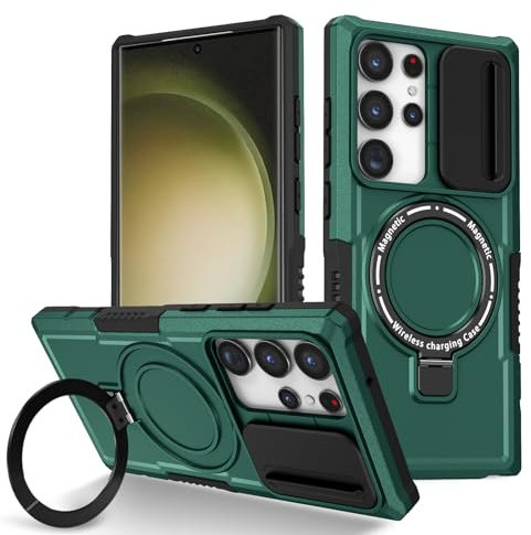 YOUULAR Coque de téléphone portable magnétique avec anneau de support à fenêtre coulissante pour Samsung Galaxy S23 Ultra, [Support de téléphone] Coque de protection mate antichoc S23 Ultra Militaire