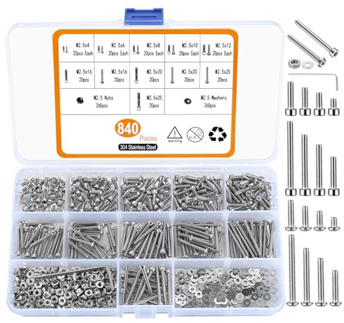 Set di Viti M2,5, 840 Viti a Esagono Incassato con Viti a Testa Bombata, Dadi, Rondelle e Inscatolamento, per Macchine in Acciaio Inox