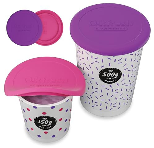 Qikfresh Reusable Silicone Lids for Yoghurt Pots | Suitable for 150g - 500g Pots | Leak-Proof & Airtight Cling | Set of 2 Pieces, Purple