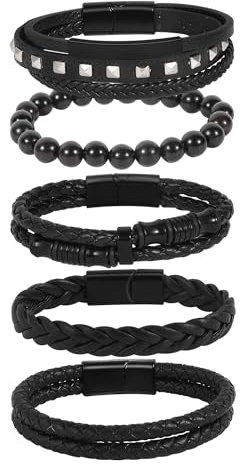 Manfnee Herren Armband Leder Armbänder für Herren Damen Schwarze Geflochtene Leder Armband