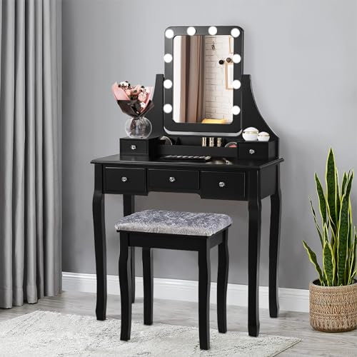 RELAX4LIFE Coiffeuse Table de Maquillage avec 12 Ampoules LED et 5 Tiroirs, Coiffeuse avec Miroir Rotatif à 360 ° et Tabouret, Table de Toilette avec Pieds en Pin pour Femmes (Noir)