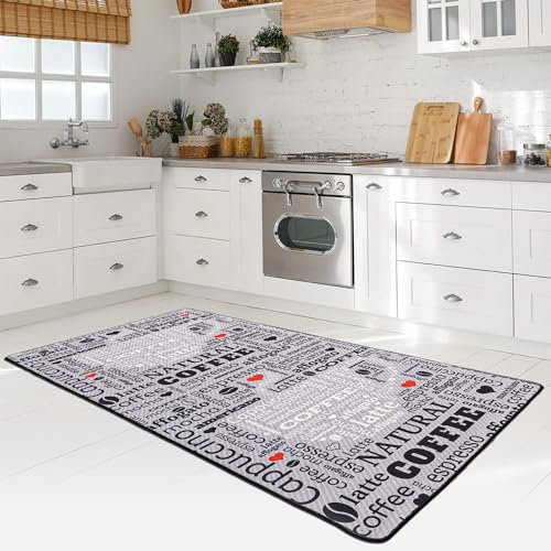 miqna Teppich Moderner Küchenteppich Gel Läufer Küchenläufer Grau Weiß Schwarz mit rutschfestem Bodenmuster mit Schriftzug Coffee Macchiato (grau, 140 x 190 cm)