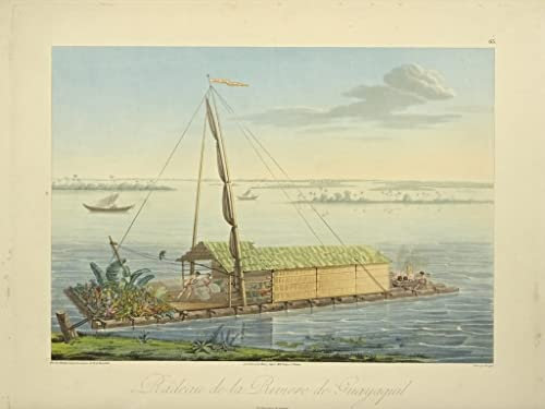 GerRit Leinwandbilder, Poster, 58 x 90 cm, ohne Rahmen, Floß am Fluss Guayaquil gezeichneter Marchais, gravierter Blumenstrauß von Baron Friedrich Alexander von Humboldt