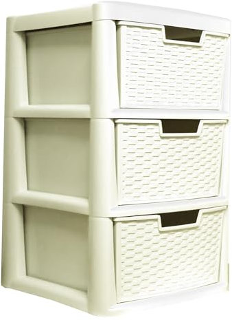 SIDSONS Large 3-Drawer Storage Drawer Unit plastic Rattan Style Modular Storage Tower Cabinet Home Office Storage Solution Garage Chest Drawers Cream Colour Height62cm, Width 39cm, Depth 39cm