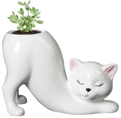 Genikeer Modern Cat Plant Pot, Creative Cute Cat Tail Column Flower Pot, Cartoon Animal Cat Shaped Ceramic Indoor Plant Pots, Desktop Planter Vase Holder For Home Garden Wedding Decoration
