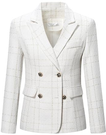 YYNUDA Veste en Tweed Femme Elegant à Manche Longue Blazer Elegant à Carreaux Revers Blanc L