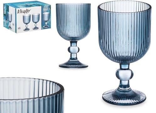 Elegante Copa de Vino de 260ml en Cristal Transparente con Diseño a Rayas y Acabado Azul Oscuro. Completa tu Cristaleria Favorita con las Copas de Agua y las Copas de Champan - Cava a Juego.