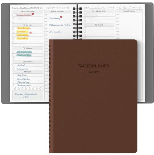 JAYSOO® Tagesplaner,undatierter Terminplaner mit 24 Stunden Zeitplan, To do list usw., 132 Seiten/66 Blatt 155x215mm Soft Cover Coil Tagesplanung für Arbeit, Lernen und Familienplan - Braun