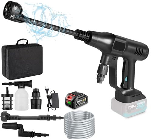 Akku Hochdruckreiniger-3-Stufiger Max 200 Bar Mobiler Hochdruckreiniger Akku mit 6-IN-1 Düse und Verstellbar Winkeln Düse | Tragbarer Hochdruckreiniger für Makita 18V Akku (Schwarz mit 1 Batterie)