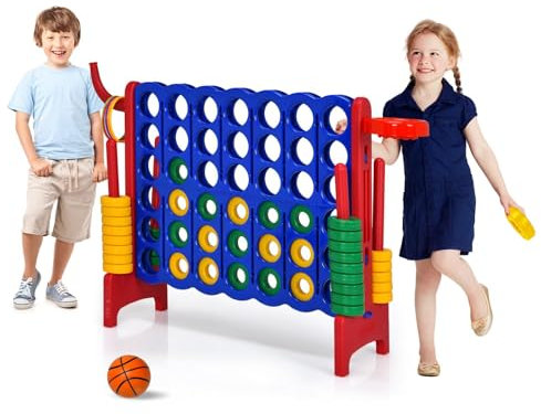 HOMASIS Riesiges 4 Gewinnt Spiel, 4 in Einer Reihe Spiel mit Basketballkorb & Wurfspiel, Strategiespiel mit 42 Ringen, XXL Brettspiel Spielzeug für Kinder & Erwachsene Outdoor (Blau + Rot)