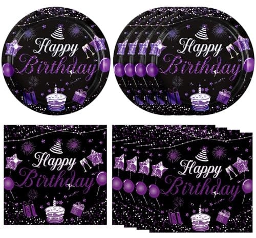 40 Stück lila und schwarze Geburtstagsdekorationen Happy Bthday Partyzubehör Geschirr-Set lila Geburtstag Einweg-Pappteller Servietten für Frauen Mädchen