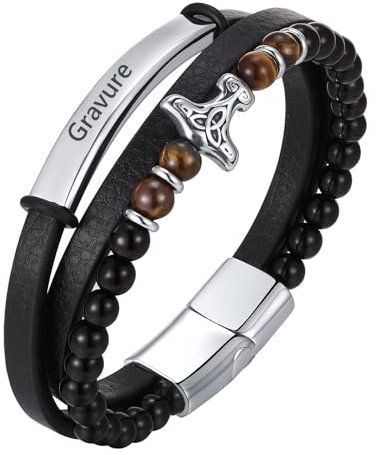 Gamtic Personalisierte Herren Leder Armband - Premium Edelstahl Wikingerarmband Lederarmband Armbänder Herren Armband mit Gravur Herrenarmbänder Geschenke für Männer (Personalisierte)
