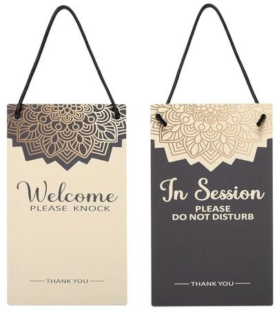 PATIKIL En Sesión No Molestar Puerta Colgante Letrero, PVC Doble Lado Bienvenido Por Favor Tocar Puerta Letrero Decoración para Oficina, Reunión, Sesión, Negro y Amarillo, 10 x 5