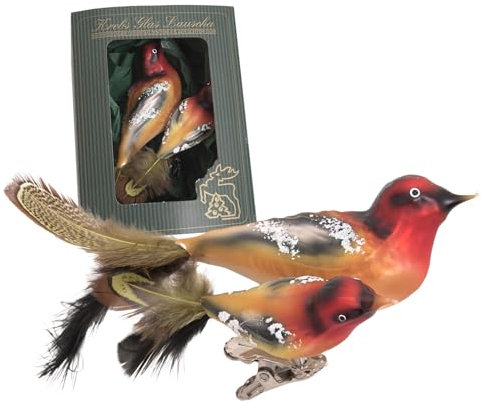 Krebs Glas Lauscha - Weihnachstdekoration/Christbaumschmuck aus Glas - Glasvogel - Motiv: Doppelvogel Stieglitz mit Echtfedern - Farbe: Rot - Größe: 7 cm - Made in Germany