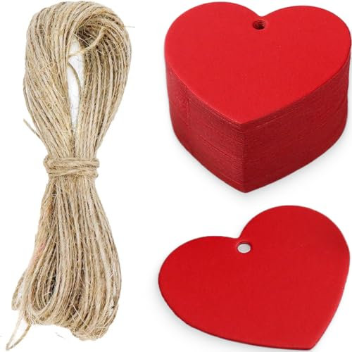 100 etichette a forma di cuore, con corda di canapa da 10 m, etichette in carta kraft, etichette regalo a forma di cuore, decorazioni per albero di Natale, adatte per San Valentino e Natale