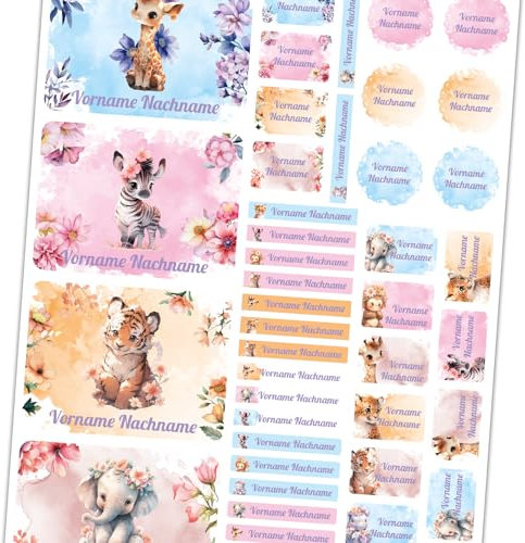 50 x Namensaufkleber mit Wunschname personalisiert Aufkleber Set mit Kinder Name Beschriftung Schule Kindergarten Kleidung Sticker wasserfest (20 Safari Wasserfarben)