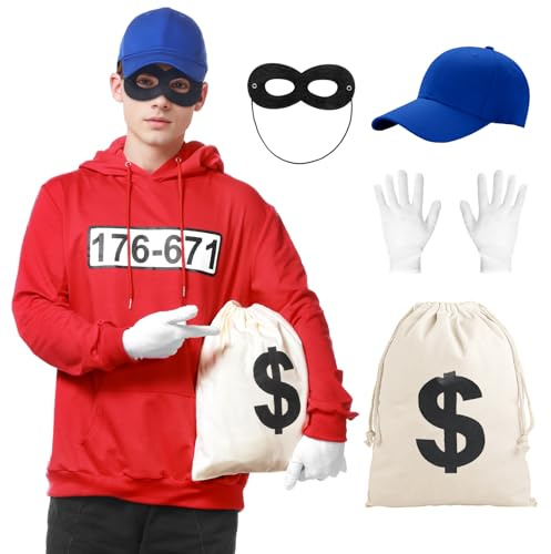 Alaiyaky Panzerknacker Kostüm Herren, Bankräuber Kostüm Einbrecher Outfit Lustige Männer Rot Hoodie mit Mütze Augenmaske Handschuhe Tasche, Faschings Herren Karneval Outfit