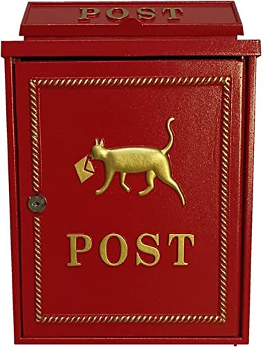 Retro-Briefkasten aus Gusseisen, zur Wandmontage, für Outdoor-Dekoration, Vintage-Garten, dekoratives Katzen-Design (rot)