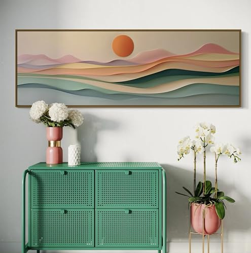 Sonnenuntergangs-Panorama-Naturgemälde, Leinwand-Kunstdrucke, farbenfrohes Bohemian-Dekor über dem Bett, lange schmale Wandkunst, Heimposter, 60 x 180 cm, mit Rahmen