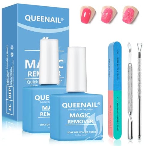 2 Pcs Gel Nail Polish 15ml, Polish Remover, Kit with 2 Gel Polish Scraper & 1 Nail File, Fast Remover for Nails within 3-6 Minutes
