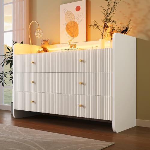 ModernLuxe Ripple Fluted 6-Drawer Sideboards for Living Room, Stylish Sideboard Storage Cabinet with RGB LED Lighting and Shelves, Elegant Metal Handles, Chest of Drawers Bedroom, White, 120x40x75cm
